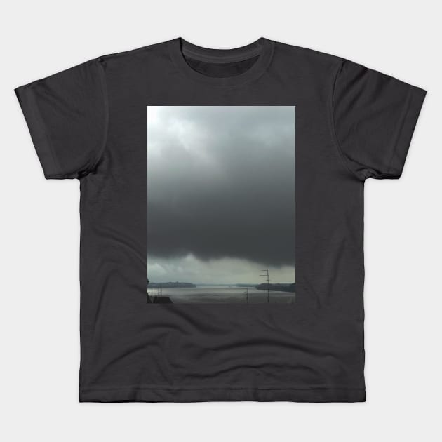 Stormy sky over Danube river with a panoramic view from the penthouse Kids T-Shirt by Khala